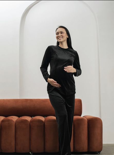 Велюрова піжама для вагітних та годуючих мам Чорна 9040 фото